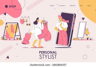 Personal stylist landing page or banner template. Pink and yellow, woman choosing dress to wear. Vector outline characters and online fashion consultation