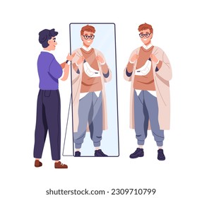 Personal stylist and man customer in modern fashion outfit. Happy young guy wearing stylish apparel, clothes looking at mirror reflection. Flat graphic vector illustration isolated on white background