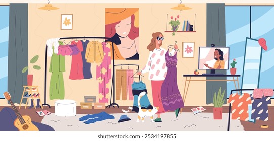 Personal stylist online. Professional clothing consultant consulting customer, woman choose outfit fashion wardrobe guidance recommendation in computer, classy vector illustration original artwork