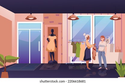 Personal stylist or shop assistant works with client, flat vector illustration. Clothing store scene with woman choosing clothes with help of professional stylist.