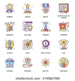 Personal success flat icons set. Award ceremony, fanfare and salute, medal and diploma, certificate of honor, first place and winning line pictogram for mobile app. Leader achievement vector icon pack