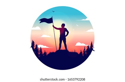 Éxito personal - Hombre en la cumbre con una bandera izada en la mano, amanecer, bosque y nubes. Ganador, triunfo y concepto exitoso. Ilustración circular circular circular vectorial.