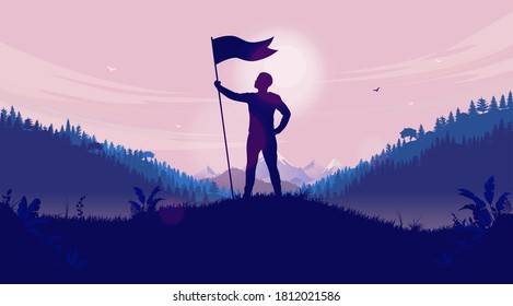 Personal success metaphor - Person standing in nature with raised flag, looking up. Dramatic landscape and sky in background. Winner, goals, and career progress concept. Vector illustration.