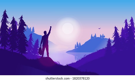 Caso de éxito personal - Silueta de hombre positivo en paisaje salvaje, levantando la mano en triunfo. La terapia de la naturaleza, vivir en el momento y superar el concepto de adversidad. Ilustración vectorial.