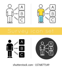 Personal survey icon. Multiple choices. Select option. Psychological test. Client interview. Personality evaluation. Checklist. Flat design, linear and color styles. Isolated vector illustrations