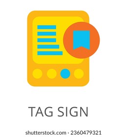Persönliche Tablette mit Text und markiertem Lesezeichen, einzeln auf weiß. Farbige flache Vektorsymbol von Computer und Mobilgerät mit Tagzeichen. Internet- und Technologiekonzept