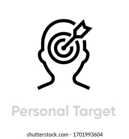 Icono de Destino personal. Vector de línea editable. El signo es una cabeza y gol humanos con una flecha en el centro. Pictograma único.