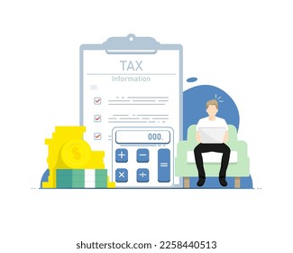 Personal tax calculate concept, Human sitting on chair with financial document information, Digital marketing illustration.