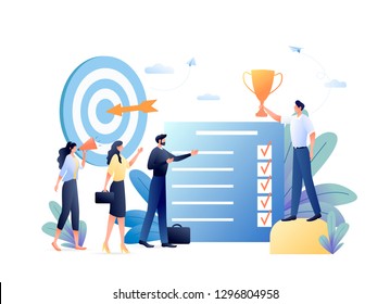 Personal or Team Success, Achievement Concept. Flat People Characters with Prize, Golden Cup. Office Workers Celebrating with Big Trophy. For Web Banner, Website. Business Concept Vector Illustration