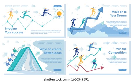 Personal and Team Success Reaching and Business Career Growth Set. Business People Cartoon Characters Seeking Solutions and Strategy for Company Development. Flat Cartoon Vector Illustration.