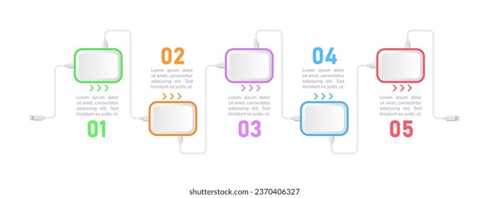 Plantilla de diseño de gráficos de infografía de tecnologías personales. Dispositivo para un solo uso. Resumen de infografía vectorial con espacios de copia en blanco. Gráficos instructivos con secuencia de 5 pasos. Presentación de datos visuales