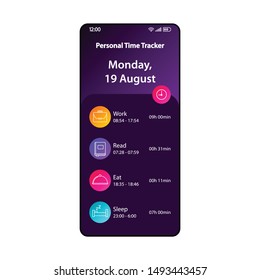 Personal time tracker smartphone interface vector template. Mobile hours tracking app page modern design layout. Time management widget screen. Flat UI for application. Daily planner. Phone display