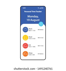 Personal time tracking app smartphone interface vector template. Mobile page design layout. Time tracker screen. Flat UI for application. Hours tracking software. Timetracker widget. Phone display