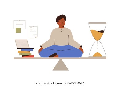 Tiempo personal y trabajo. Hombre equilibrando en la escala entre las necesidades personales y las demandas de la sociedad o de los negocios. Ilustración vectorial plana