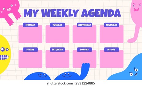 Personal timetable template for school, university. Cute hand drawn doodle organizer with trendy funny moody creatures. Cartoon style educational background for pupil, students, teacher.