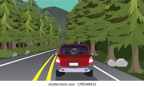 Personal Touring Car Travel on asphalt road heading to the destination destination at the tourist spot surrounded by tall trees and mountains in front.