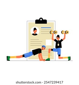 Personal Trainer Assisting Client With Exercise Routine In Flat Vector Illustration Symbolizing Fitness, Health, And Physical Training, Isolated On White Background.