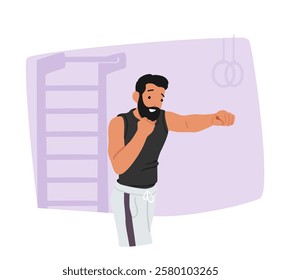 Personal trainer cartoon character showcasing self defense techniques during sports training lesson at gym vector illustration. Man coach applying aikido martial arts or kickboxing hand move