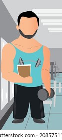 Personal trainer coach bodybuilder weightlifting male modern flat illustration vector art. Personal trainer in front of a gym interior.