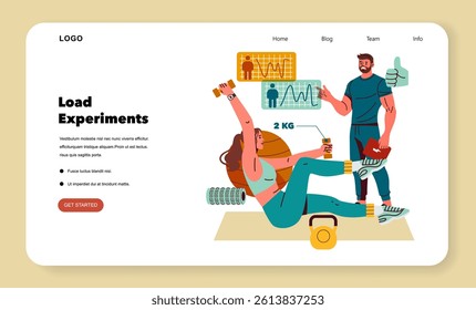 Personal trainer concept. Fitness session in gym demonstrates individual exercise routines and trainer guidance. Workout progress tracking and goal achievement. Vector illustration.