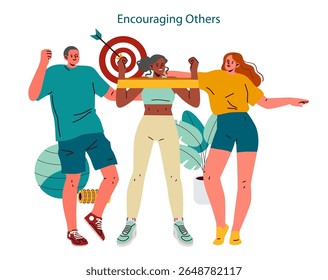 Personal Trainer concept. Group celebrating fitness achievements together with a personal trainer in a gym environment. Focus on motivation, teamwork and healthy lifestyle. Vector illustration.