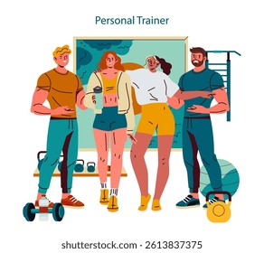 Personal Trainer concept. Group fitness training at the gym with male and female trainers and clients. Workout equipment in background supporting motivation, active lifestyle and wellness. Vector