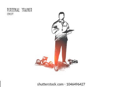 Personal trainer concept. Hand drawn professional fitness coach. Handsome male trainer with clipboard isolated vector illustration.