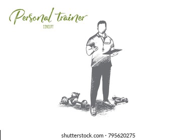 Personal trainer concept. Hand drawn professional fitness coach. Handsome male trainer with clipboard isolated vector illustration.