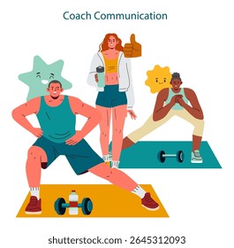 Personal Trainer concept. A male and female exercising under the guidance of a personal trainer, who is giving a thumbs up. Encourages teamwork and fitness goals. Vector illustration.