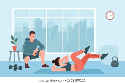 Personal trainer concept. Man with stopwatch looks at woman pumping abs. Health care and active lifestyle, training in gym. Muscle strengthening and cardio training. Cartoon flat vector illustration