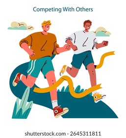 Personal Trainer concept. Two young men sprinting in a friendly outdoor race, crossing the finish line on a green path, motivating each other to improve physical fitness and reach personal goals