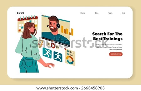 Personal Trainer concept. Woman joining online fitness coaching session with personal trainer on screen, tracking exercises, watching data charts and planning schedule for remote fitness. Vector