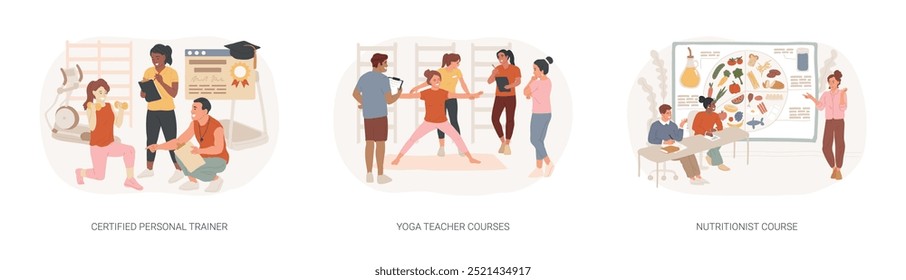 Personal trainer course isolated cartoon vector illustrations set. Become certified instructor, get yoga teacher profession, nutritionist education, create a diet, vocational school vector cartoon.