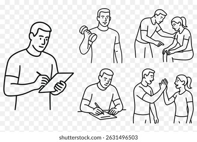 Personal Trainer Fitness Coach Line Art Vector Set Gym Training, Health Guidance Workout Planning