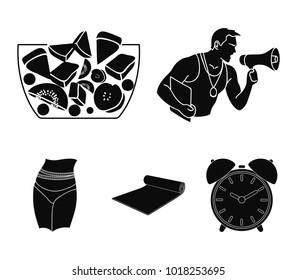 Personal trainer, fruit salad, mat, female waist. Fitnes set collection icons in black style vector symbol stock illustration web.