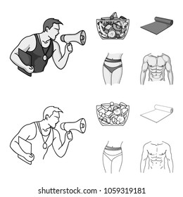 Personal trainer, fruit salad, mat, female waist. Fitnes set collection icons in outline,monochrome style vector symbol stock illustration web.