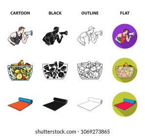 Personal trainer, fruit salad, mat, female waist. Fitnes set collection icons in cartoon,black,outline,flat style vector symbol stock illustration web.