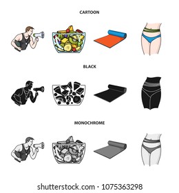 Personal trainer, fruit salad, mat, female waist. Fitnes set collection icons in cartoon,black,monochrome style vector symbol stock illustration web.