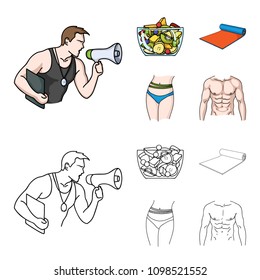 Personal trainer, fruit salad, mat, female waist. Fitnes set collection icons in cartoon,outline style vector symbol stock illustration web.