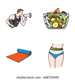 Personal trainer, fruit salad, mat, female waist. Fitnes set collection icons in cartoon style vector symbol stock illustration web.