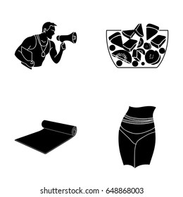 Personal trainer, fruit salad, mat, female waist. Fitnes set collection icons in black style vector symbol stock illustration web.