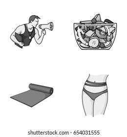 Personal trainer, fruit salad, mat, female waist. Fitnes set collection icons in monochromet style vector symbol stock illustration web.