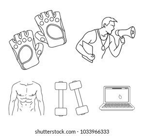 Personal trainer, gloves, dumbbells, a male torso. Fitness set collection icons in outline style vector symbol stock illustration web.