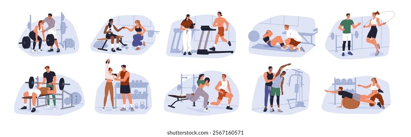 Personal trainer guiding gym session with physical exercises. Individual fitness instructor, sports workout. Professional coach supervision. Flat vector illustration isolated on white background