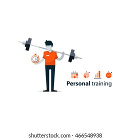 Personal trainer, gym membership, workout session, boost strength plan, intensive effective training concept, weights lifting