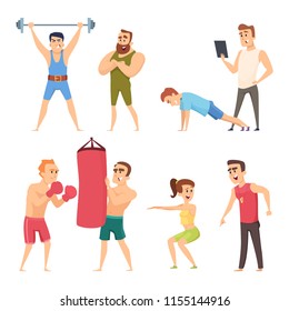 Personal Trainer In Gym. Vector Set Characters. Gym Workout, Trainer Fitness And Instructor Illustration