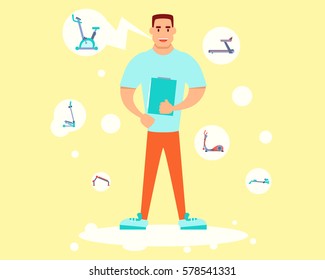 Personal trainer holding a training plan and tells about equipment. Flat design. Vector illustration 

