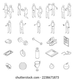 Personal trainer icons set. Isometric set of personal trainer vector icons outline on white thin line collection