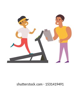 Personal trainer and running man on treadmill. Healthy lifestyle concept. Cardio on the gym. Isolated vector illustration on white background
