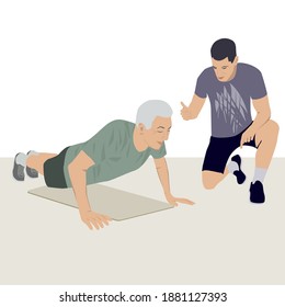 Personal trainer, senior citizen doing exercises to strengthen muscles - vector. Activity for the elderly